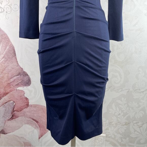 Nicole Miller Studio Navy Blue Sheath Ruched Knit Dress Size Small - Picture 10 of 14